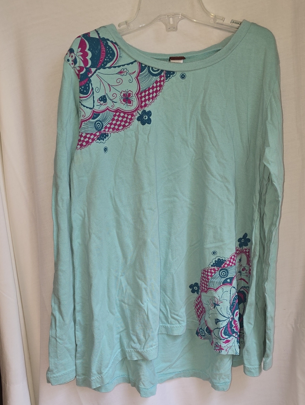 Tea Collection Mint Aqua Long Sleeve Top with Navy & Pink Print